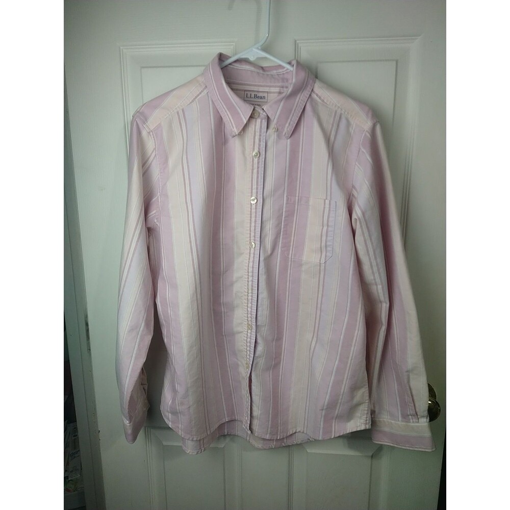 L.L. Bean Woman L Pink Collared Button Bar Code LS Shirt Pocket Casual Office